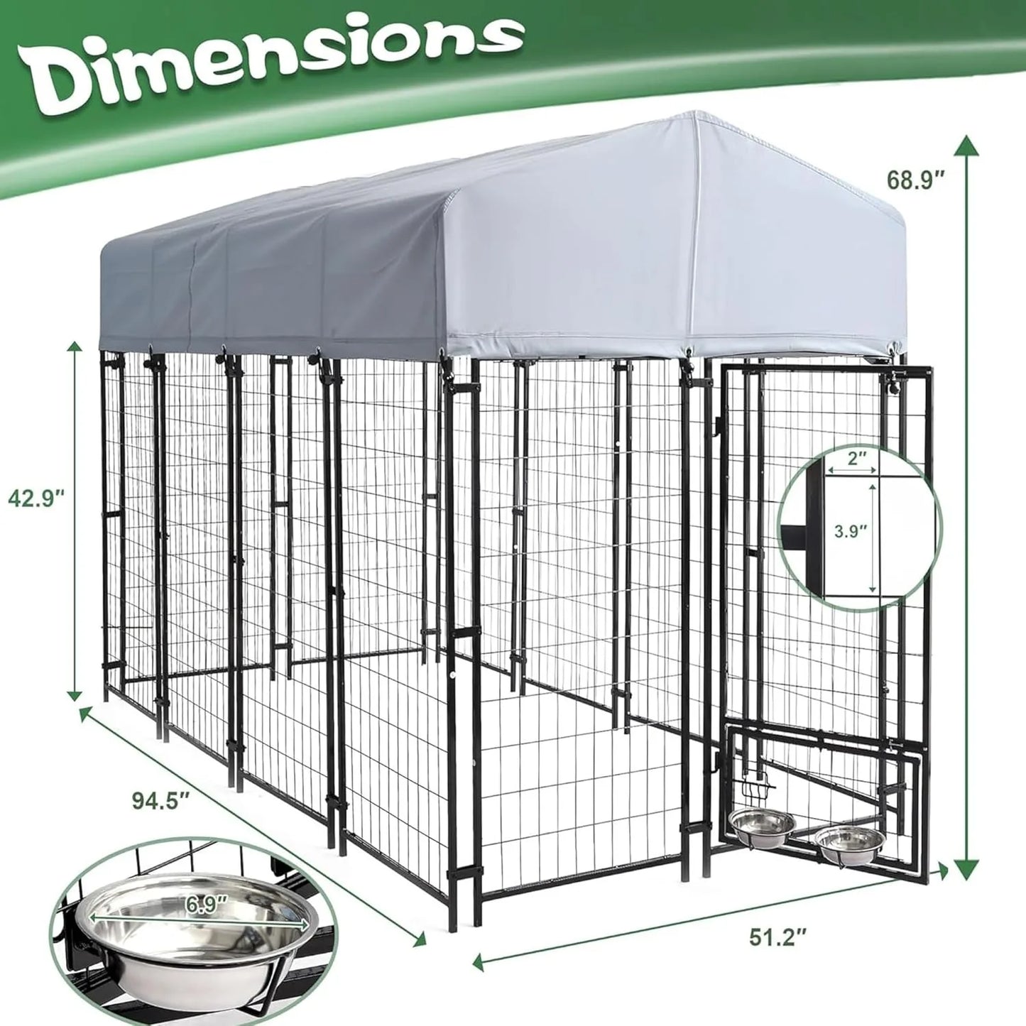 Outdoor Dog Kennel Large Heavy Duty Welded Wire Steel with Roof Rotating Bowls Secure Lock Backyard