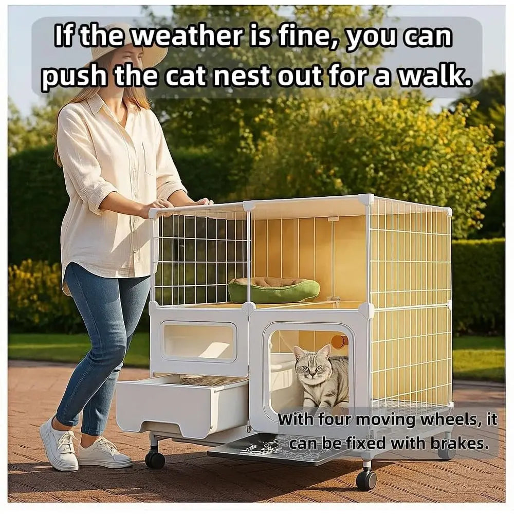 cat cage Indoor with Litter Box, Complimentary Bed, Bowl,Cleaning Three Piece Set,Large cat Enclosure, Cat House with Wheels Out