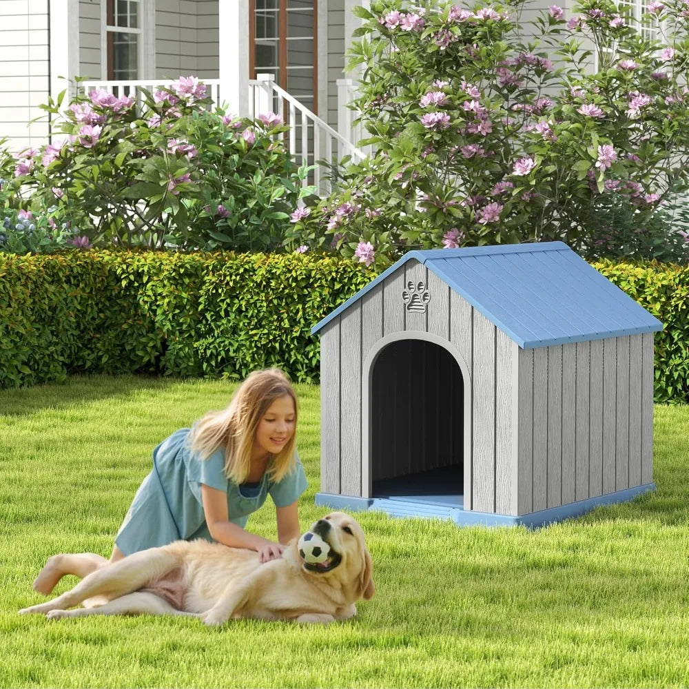 Dog House Outdoor Indoor for Medium Large Dogs, Durable Plastic Waterproof Doghouse with Air Vents and Elevated Floor