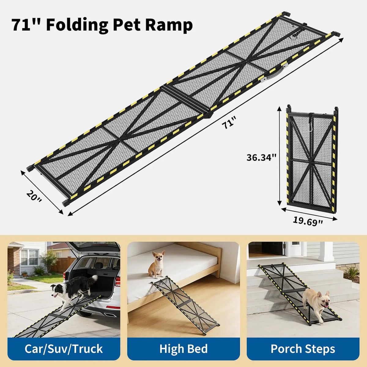 71 inch Collapsible & Portable Dog Ramp for Cars, SUVs, Trucks & RVs – Heavy Duty, Non-Slip Mesh Surface, Carry Handle, Ideal for Medium & Large Dogs, 300 lbs Capacity