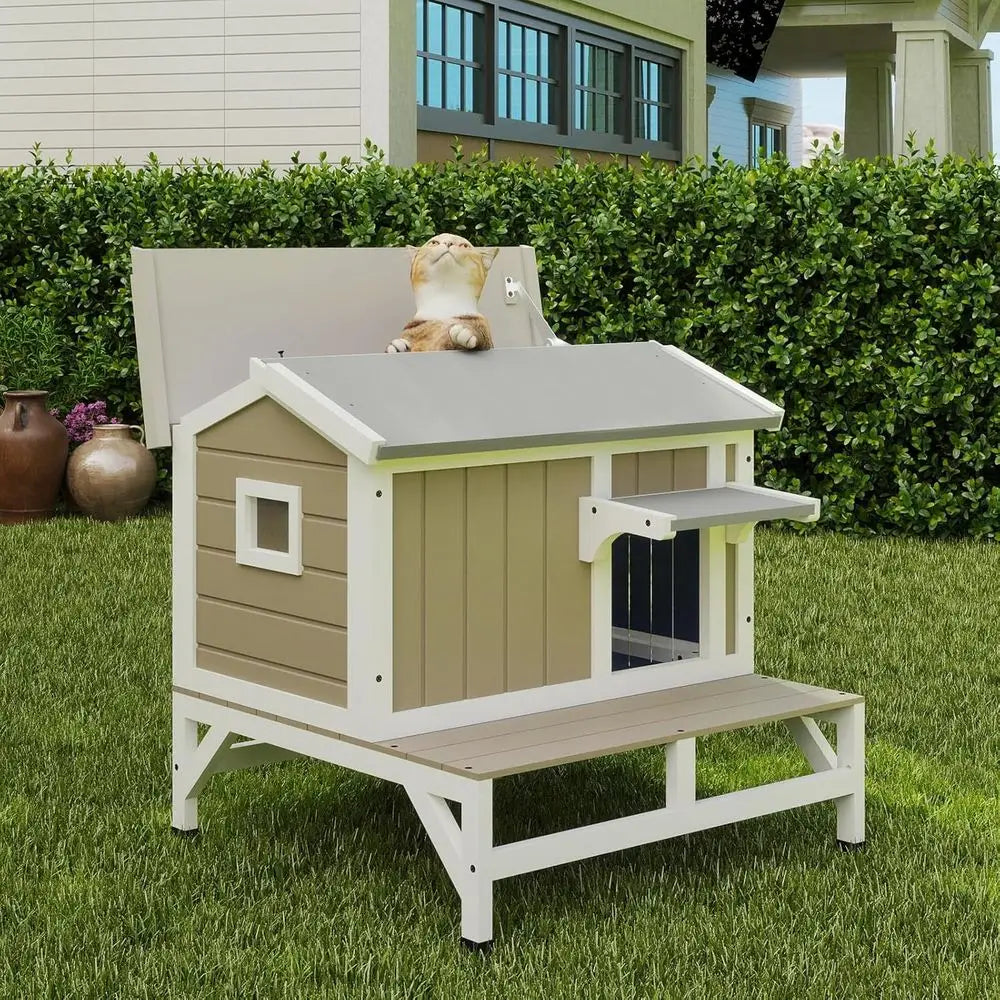Outdoor Cat Shelter with Balcony, Weatherproof House for 1-3 Cats, Grey Wooden Enclosure with Elevated Base