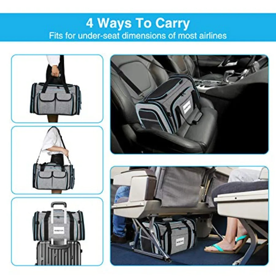 Airline Approved Large Soft Sided Pet Carrier Expandable with Removable Fleece Pad and Pockets for Cats Dogs Small Animals in G