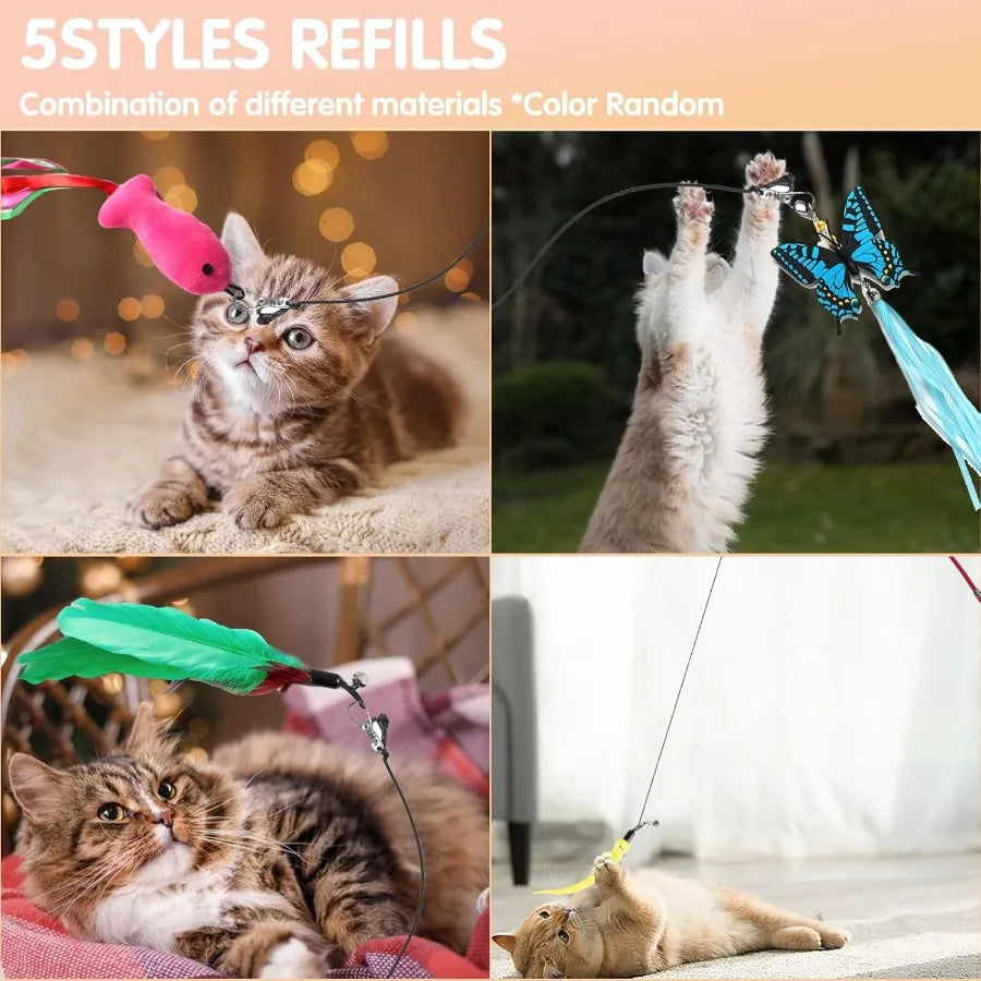 Retractable Cat Toy Wand 12 Packs Interactive Cat Feather Toys 9 Assorted Teaser Refills with Bell for Kitten Pink