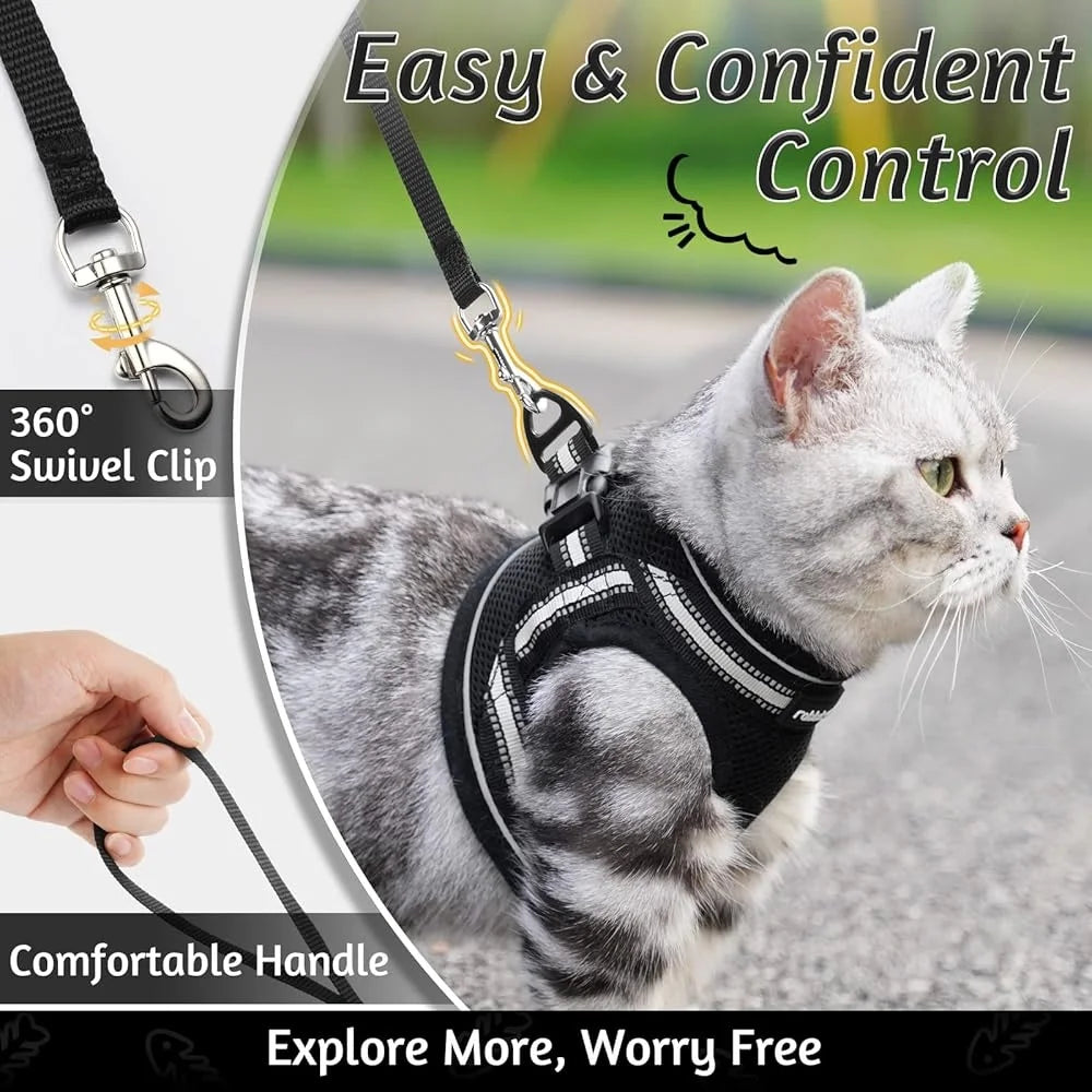 Cat Harness and Leash Set Escape Proof Adjustable Soft Vest Reflective Strip Comfortable Outdoor Walking Kittens Pets