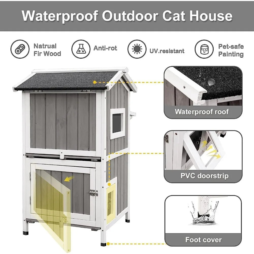 PetsCosset Outdoor Cat Shed Two-story wooden cat house with roof, grey -