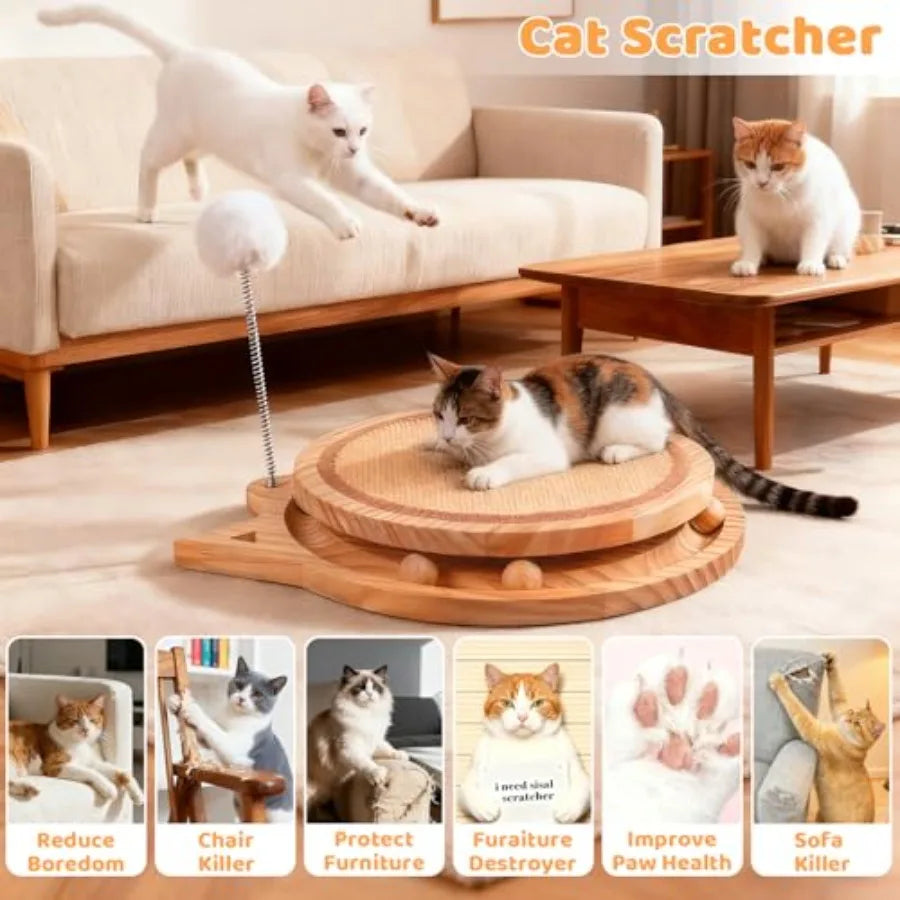 Sisal Cat Scratcher with Ball Track and Spring Toy 3-in-1 Wooden Interactive Cat Toys for Indoor Cats and Kitties Natural Brown