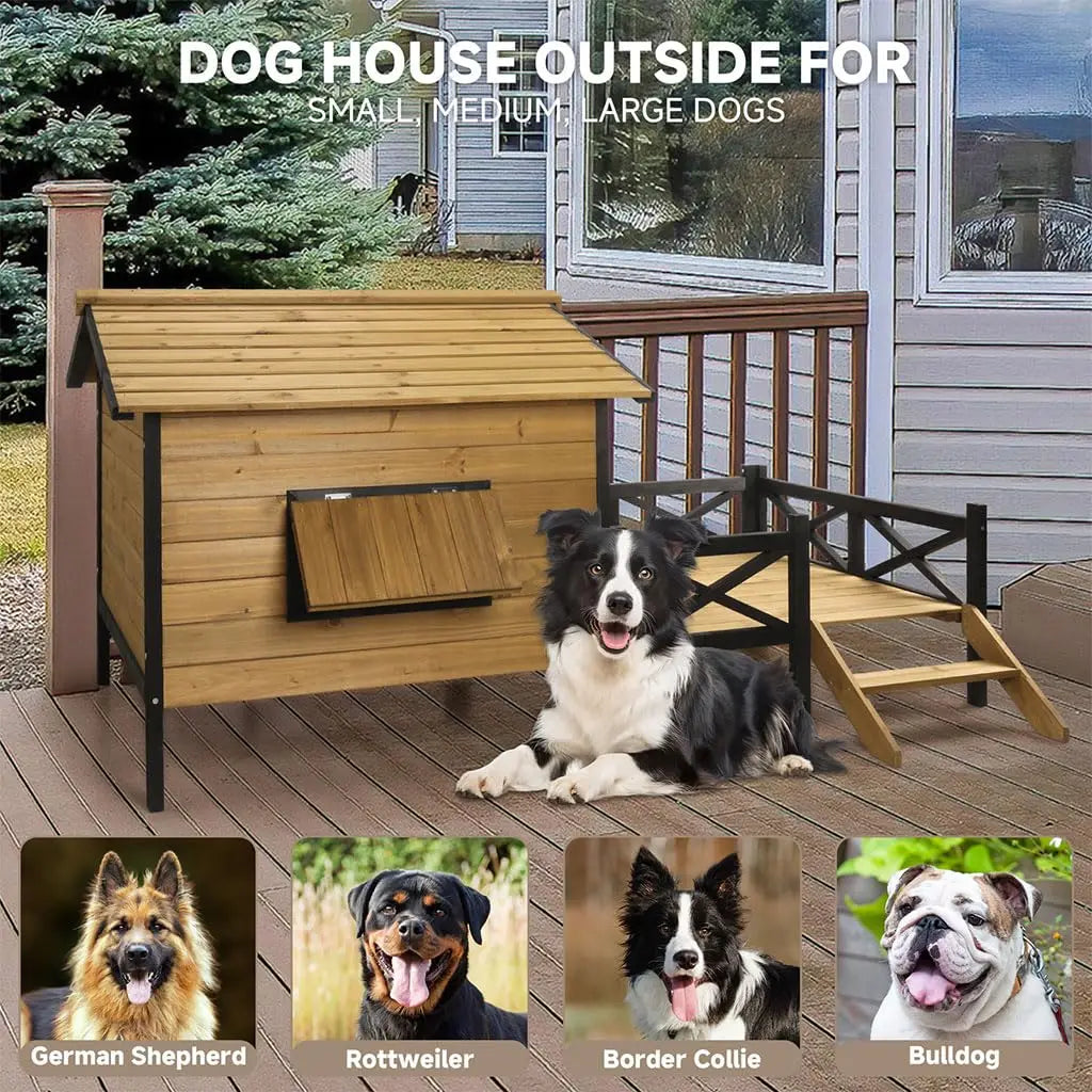 Large Wooden Dog House Weatherproof Elevated Outdoor Pet Shelter w/ Porch Deck 43.3"x69.9"x32.7", Custom
