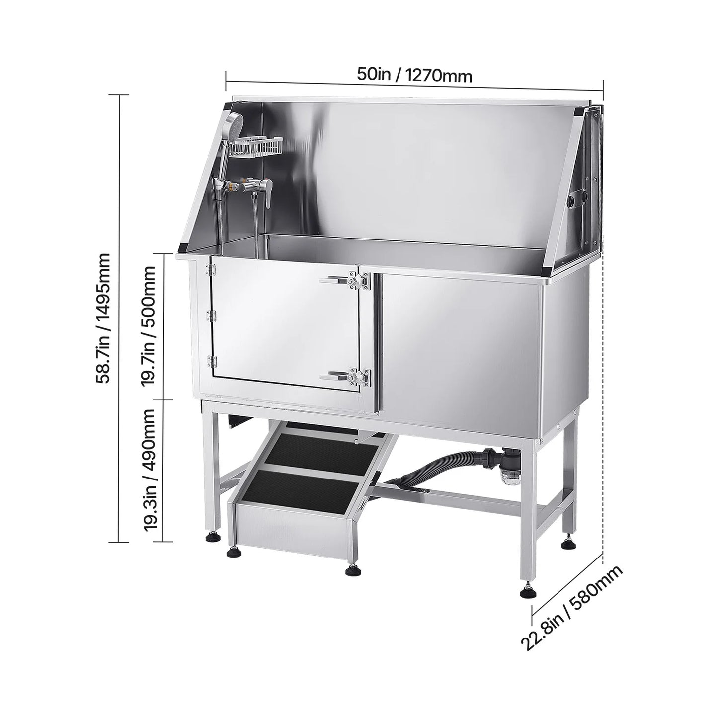 SucceBuy Stainless Steel Station 50 inch Pet Tub w/ PE WaterFaucet & Showerhead & Soap Bathtub to Large & Medium & Small Pets