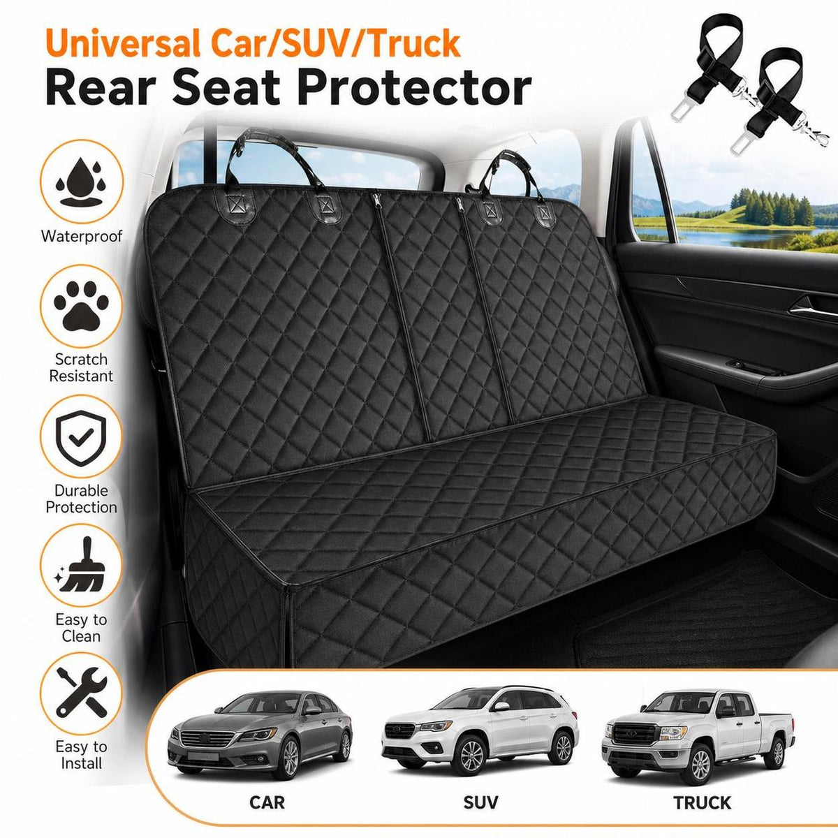 Universal Car Back Seat Cover For Dog Cat Waterproof Auto SUV Truck Rear Seat Protector Mat With Middle Seat Armrest Nonslip Safety Carry Pet Outing Mattress