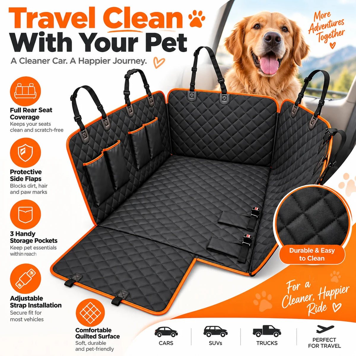 Waterproof Dog Car Seat Cover for Rear Seat – Heavy Duty Pet Hammock with Side Flaps & Storage Pockets – Non-Slip Backseat Protector for Dogs, Cats (Fits SUVs, Trucks, Cars)