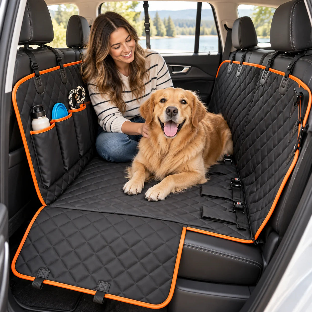 Waterproof Dog Car Seat Cover for Rear Seat – Heavy Duty Pet Hammock with Side Flaps & Storage Pockets – Non-Slip Backseat Protector for Dogs, Cats (Fits SUVs, Trucks, Cars)