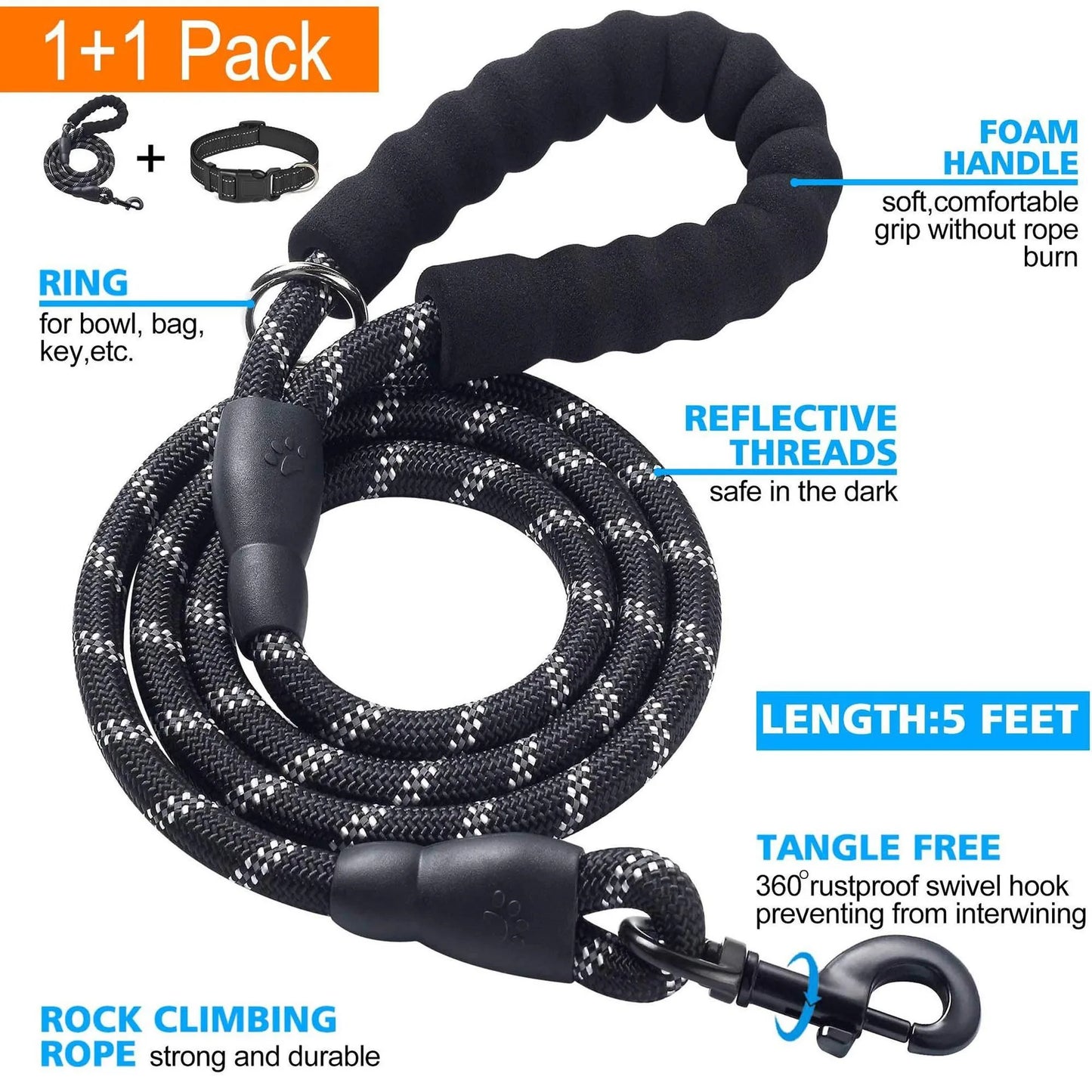 Dog Collar Nylon Dog Rope With Comfortable Padded Handle And Highly Reflective Threaded Cord For Medium And Large Dogs Strong