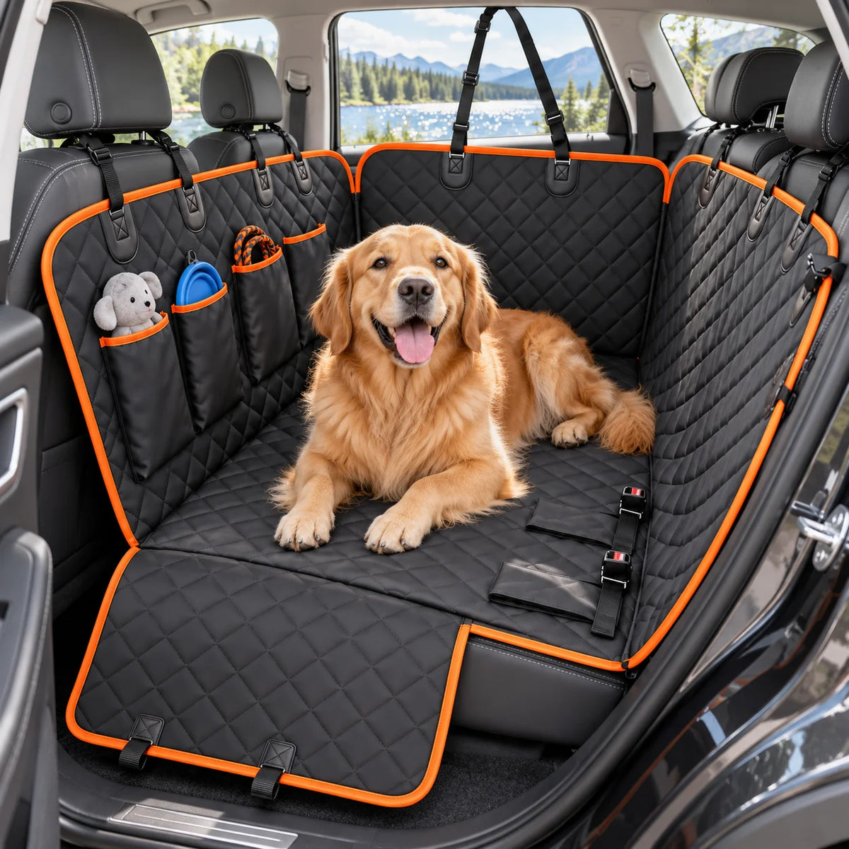 Waterproof Dog Car Seat Cover for Rear Seat – Heavy Duty Pet Hammock with Side Flaps & Storage Pockets – Non-Slip Backseat Protector for Dogs, Cats (Fits SUVs, Trucks, Cars)
