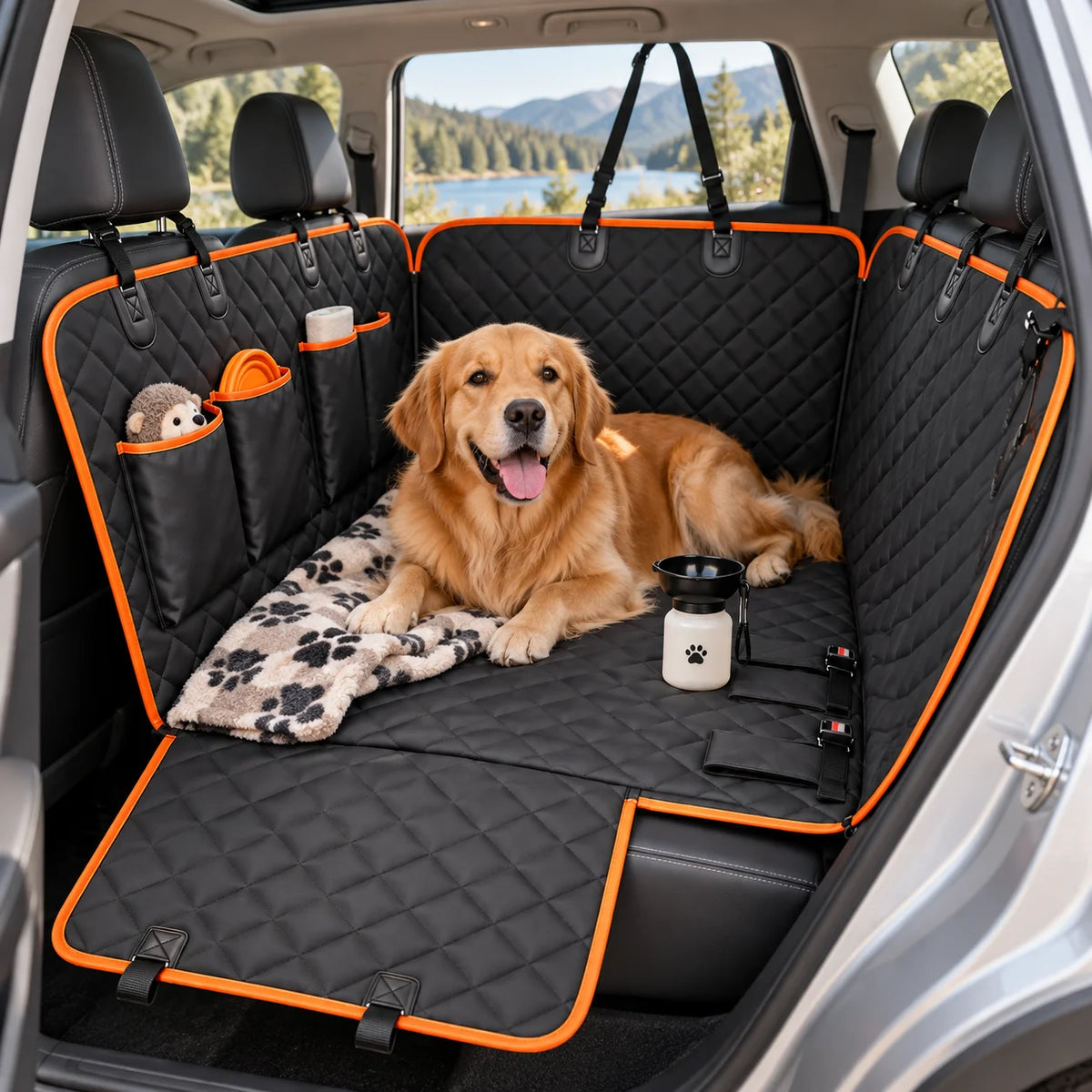 Waterproof Dog Car Seat Cover for Rear Seat – Heavy Duty Pet Hammock with Side Flaps & Storage Pockets – Non-Slip Backseat Protector for Dogs, Cats (Fits SUVs, Trucks, Cars)