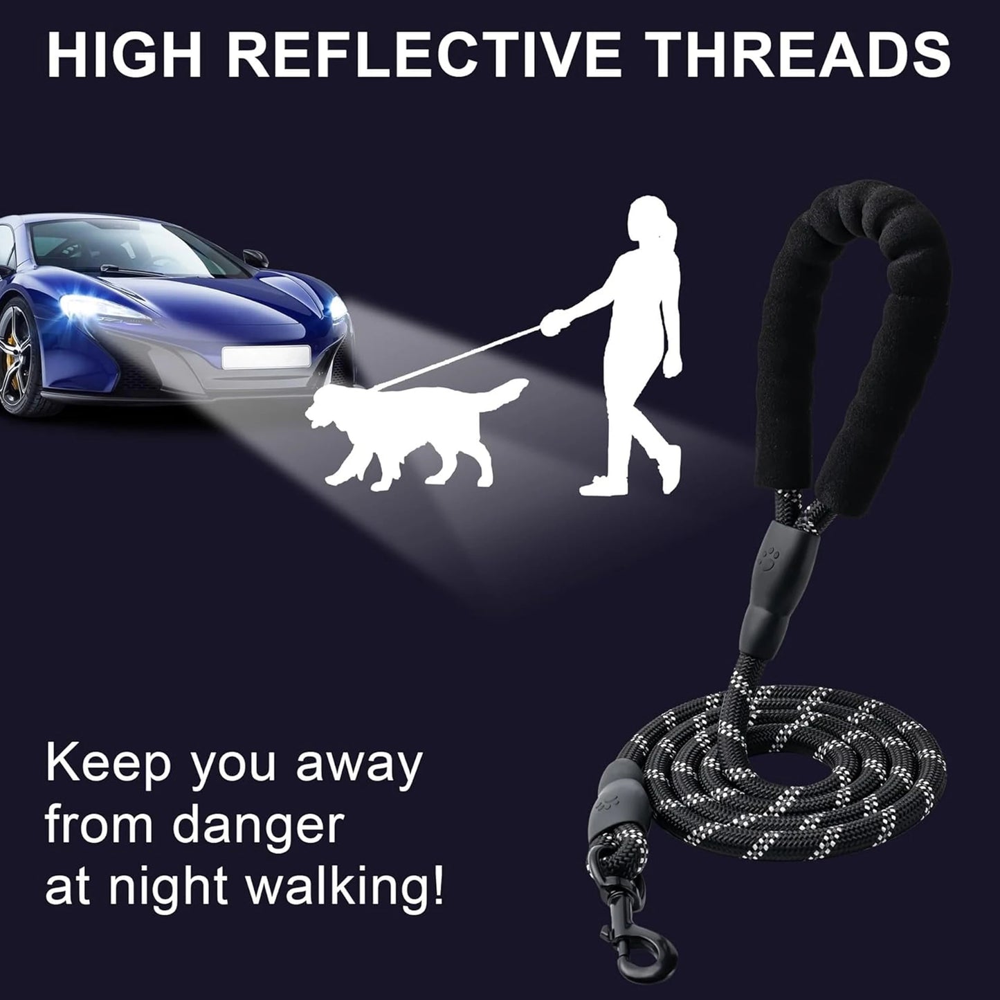 Dog Collar Nylon Dog Rope With Comfortable Padded Handle And Highly Reflective Threaded Cord For Medium And Large Dogs Strong