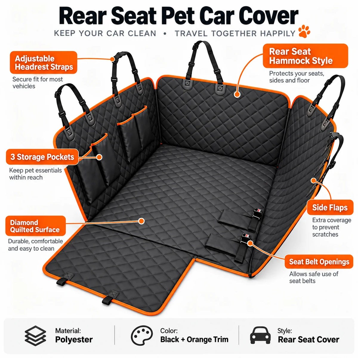 Waterproof Dog Car Seat Cover for Rear Seat – Heavy Duty Pet Hammock with Side Flaps & Storage Pockets – Non-Slip Backseat Protector for Dogs, Cats (Fits SUVs, Trucks, Cars)