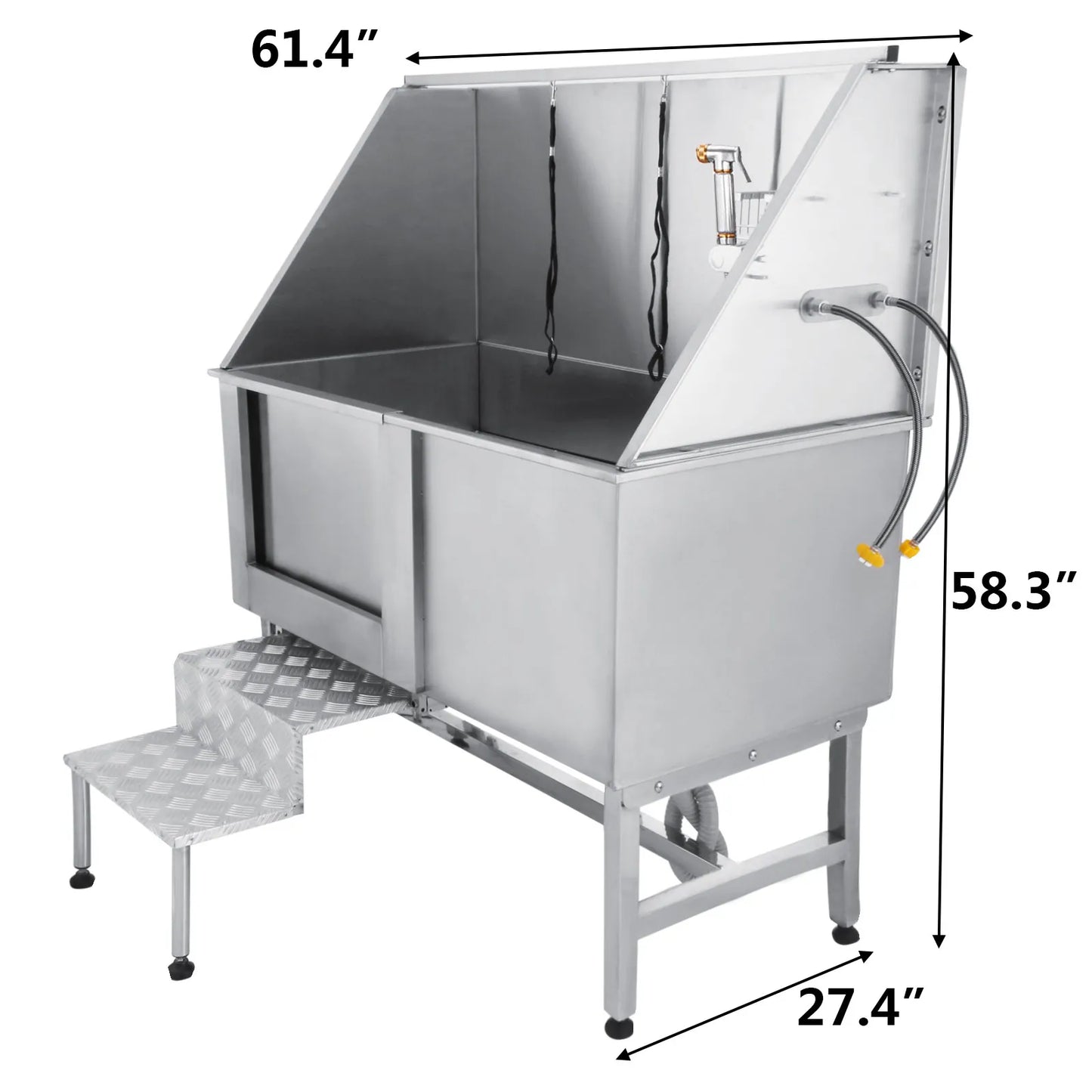SucceBuy 62In Dog Grooming Tub Professional Stainless Steel Pet Dog Bath Tub With Steps Faucet & Accessories Dog Washing Station