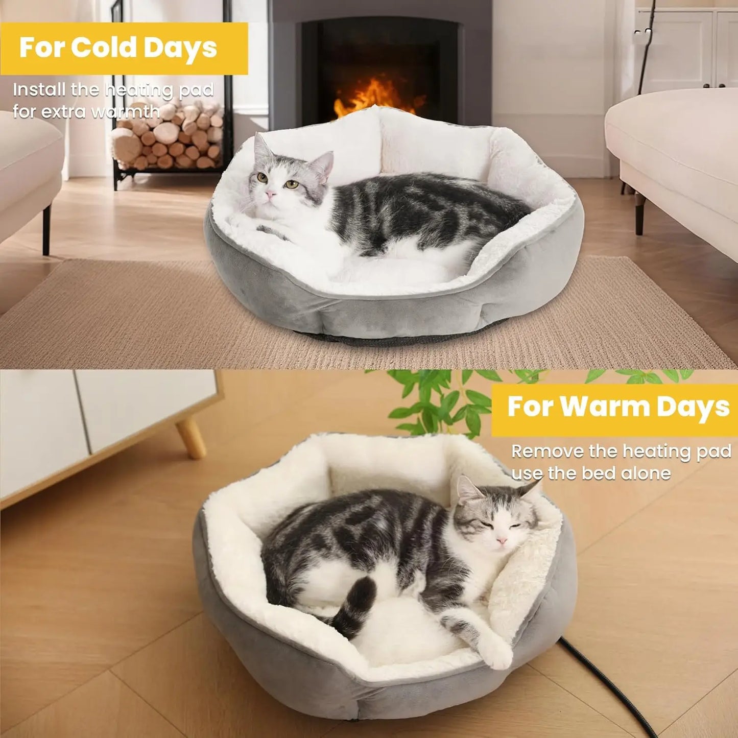 Heated Cat Bed 20x20in for Cats & Small Dogs - Warm Plush Round Heating Bed with Overheat Protection
