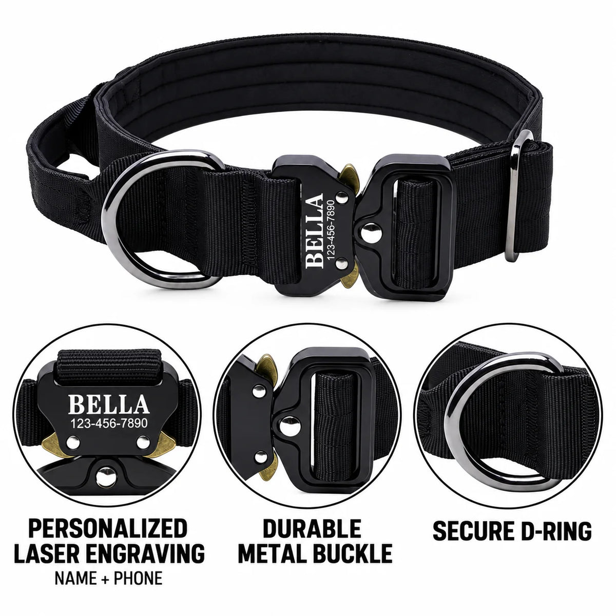 Laser Lettering Tactical Dog Collar, Support Name and Phone Customization, Nylon Material Is Suitable for Medium and Large Dogs