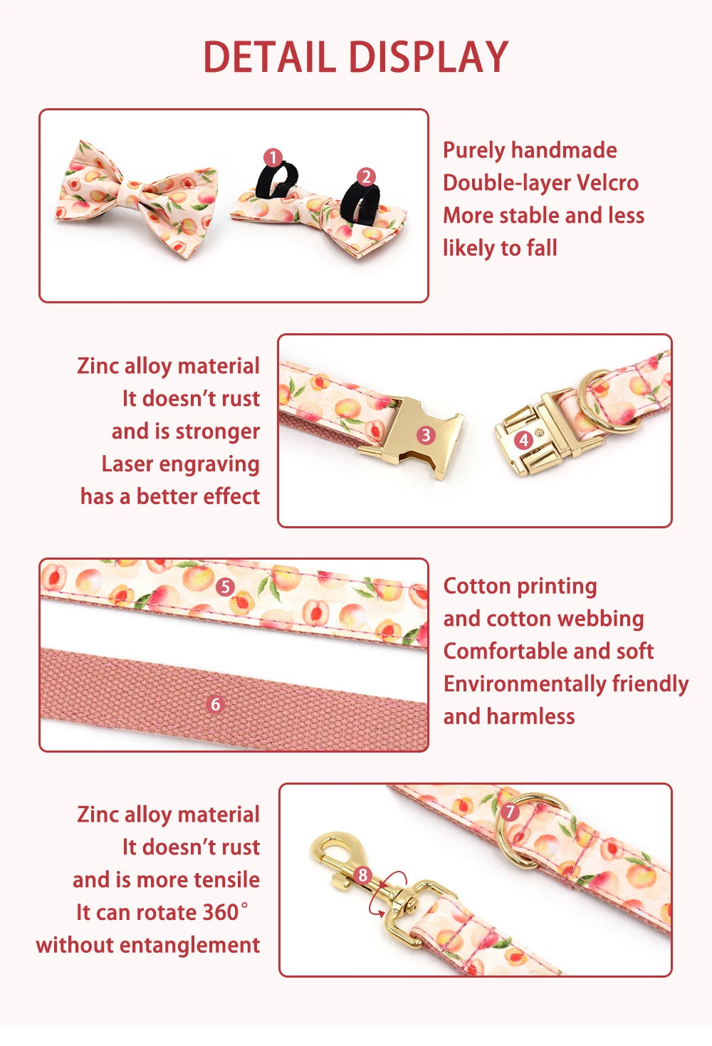 Honey Peach Pattern Dog Collar Personalized Fruit Collection Luxury Bowtie Dog Collar and Leash Set with Poop Bag Pet Cat Collar