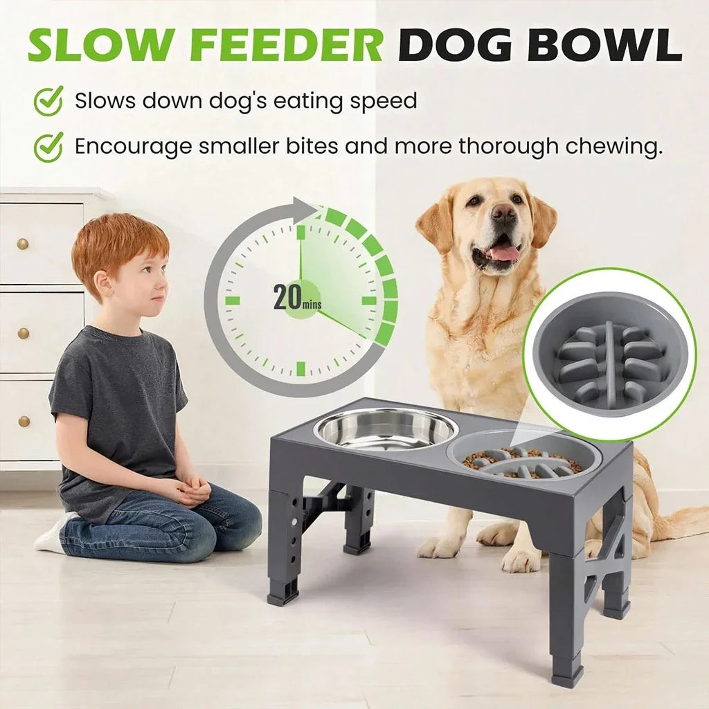 Adjustable Elevated Dog Feeder, 4‑Height Raised Dog Bowl Stand with Slow Feeder & Double Stainless Steel Food Water Bowls, Neck Joint Protection Ergonomic Pet Feeding Station for Small Medium Large Dogs