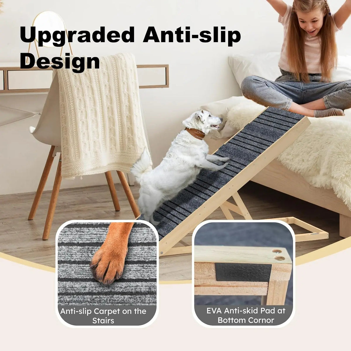 7-Height Adjustable Dog Ramp for Bed, Solid Wood Folding Pet Ramp with Anti-Slip Carpet Surface, No Assembly, Supports 150 lbs