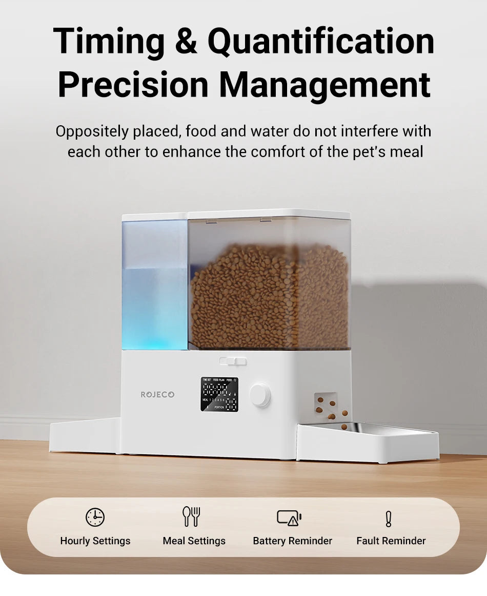 ROJECO 2In1 Automatic Pet Feeder Gravity Water Fountain 8.5L Button Version Auto Cat Kibble Dispenser with Water Refill Drinker