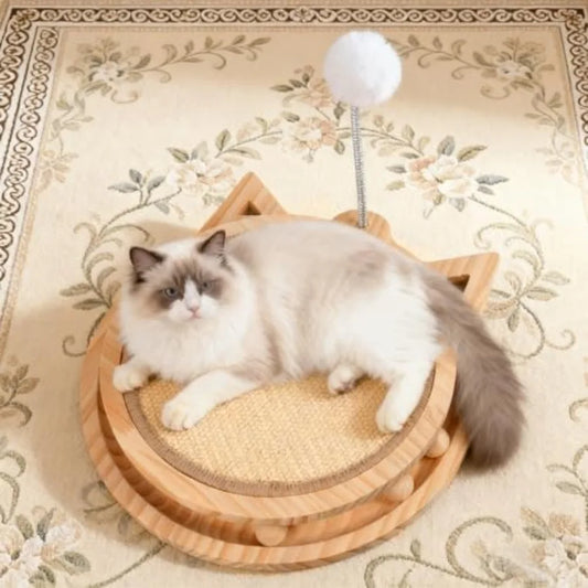 Sisal Cat Scratcher with Ball Track and Spring Toy 3-in-1 Wooden Interactive Cat Toys for Indoor Cats and Kitties Natural Brown