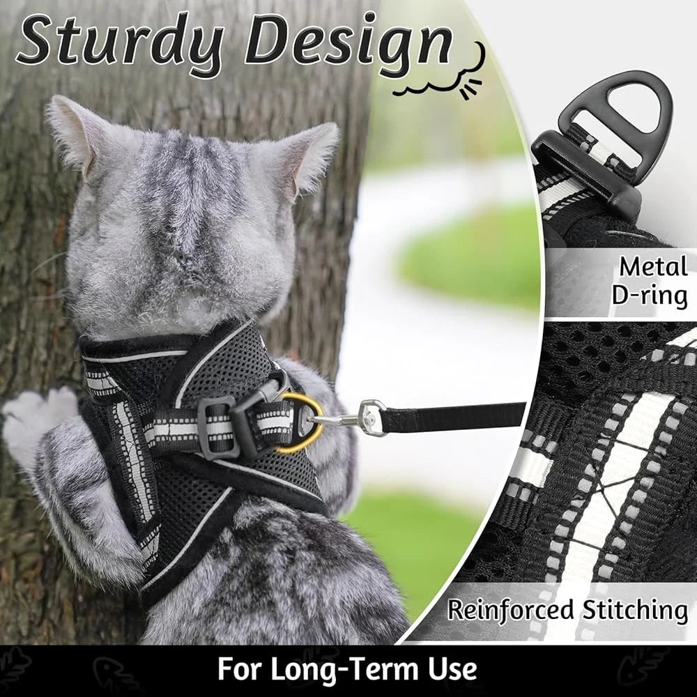 Cat Harness and Leash Set Escape Proof Adjustable Soft Vest Reflective Strip Comfortable Outdoor Walking Kittens Pets