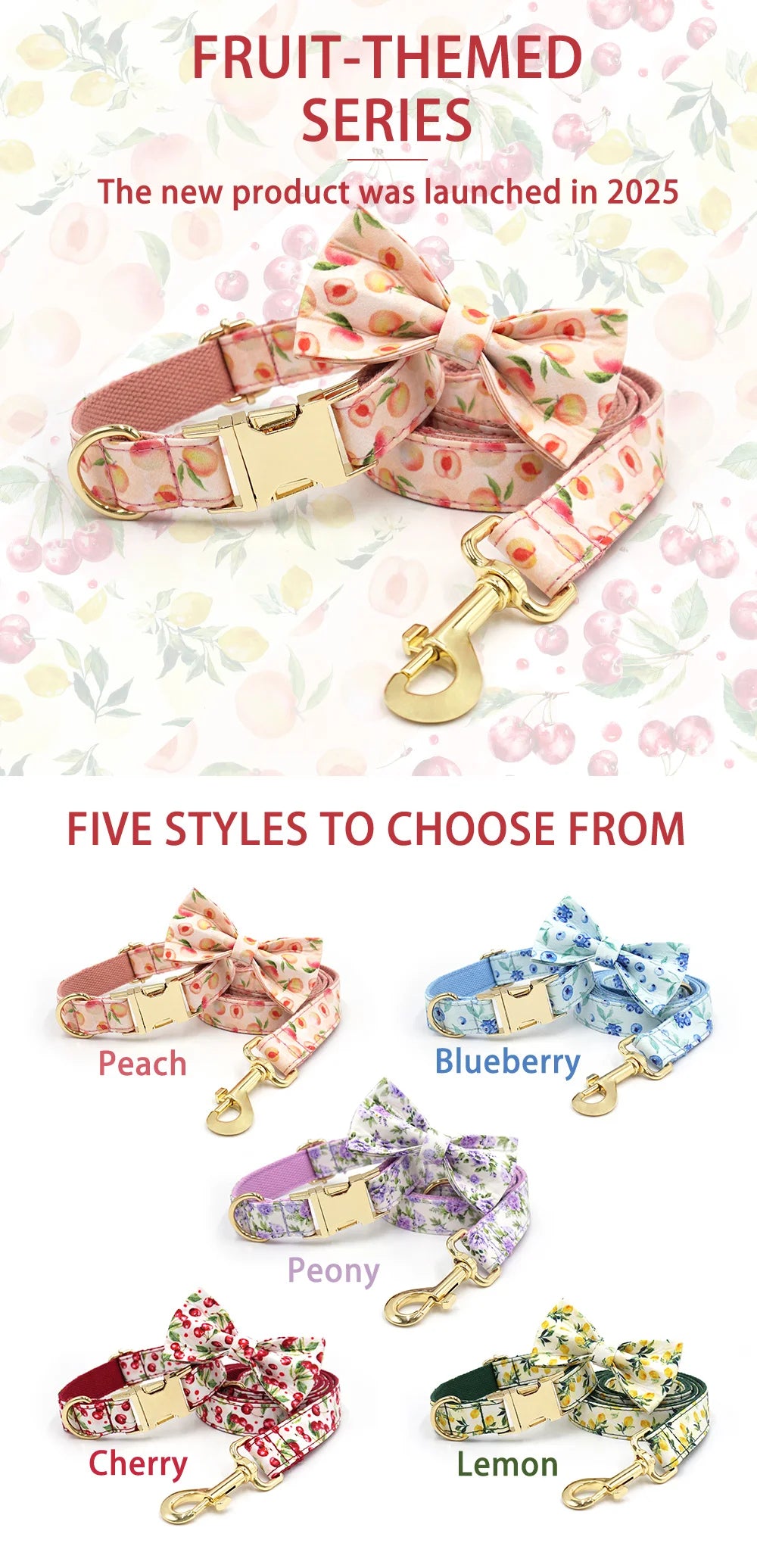 Honey Peach Pattern Dog Collar Personalized Fruit Collection Luxury Bowtie Dog Collar and Leash Set with Poop Bag Pet Cat Collar
