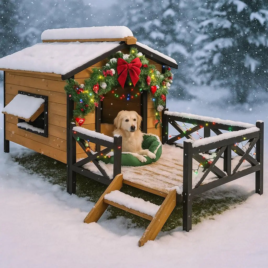Large Wooden Dog House Weatherproof Elevated Outdoor Pet Shelter w/ Porch Deck 43.3"x69.9"x32.7", Custom