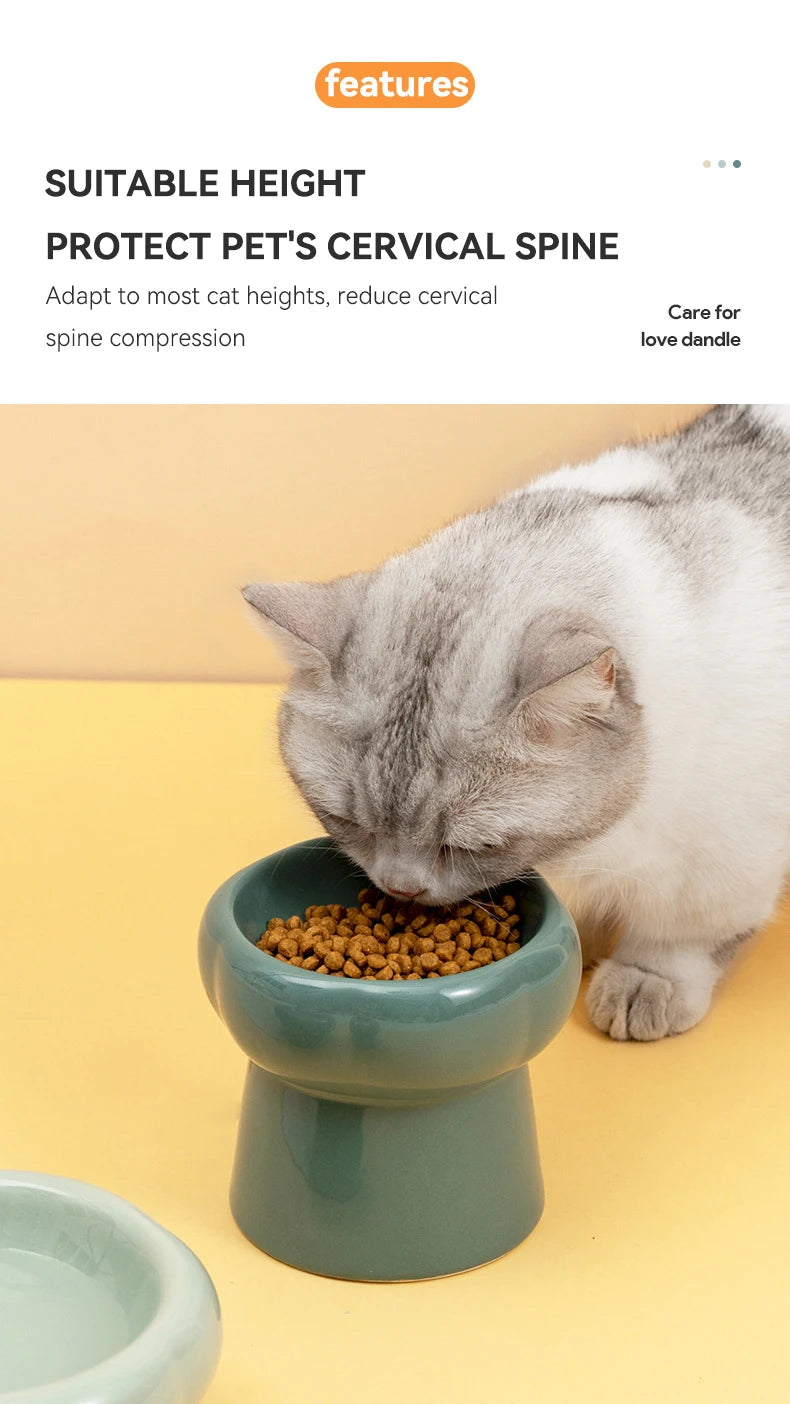 Elevated Ceramic Pet Bowl for Cats and Small Dogs – Anti-Slip, Neck Protection, Easy to Clean, Raised Design for Food and Water