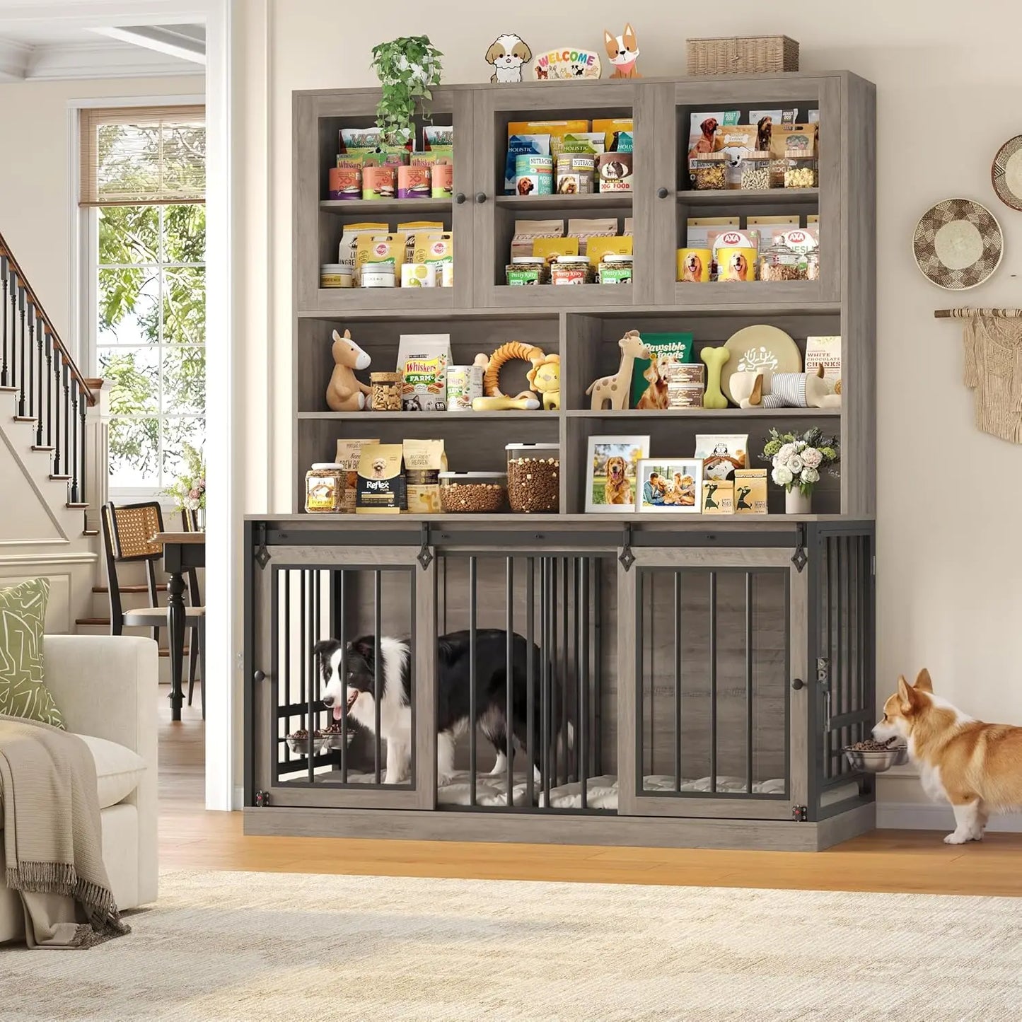 71" Tall Wooden Dog Crate Hutch with Storage Feeding Bowls Removable Divider Indoor Heavy Duty XL Pet House Grey, Custom