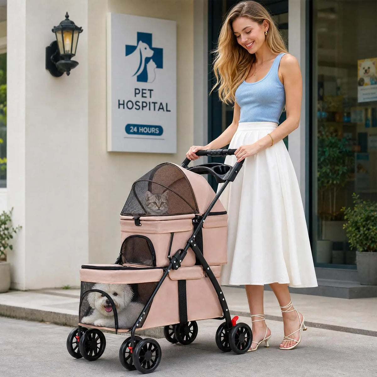 Foldable Double Decker Pet Stroller 4 Wheels Breathable Mesh Puppy Cat Travel Stroller for Multi-Pet Families Outdoor Walking