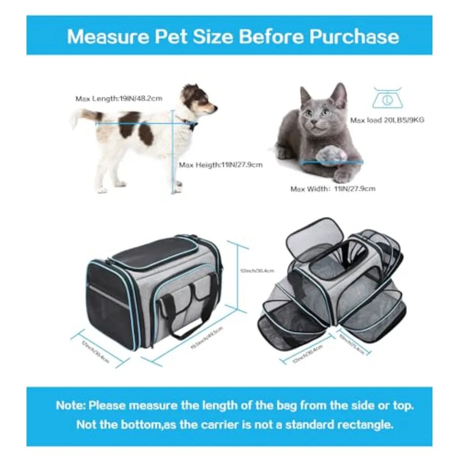 Airline Approved Large Soft Sided Pet Carrier Expandable with Removable Fleece Pad and Pockets for Cats Dogs Small Animals in G