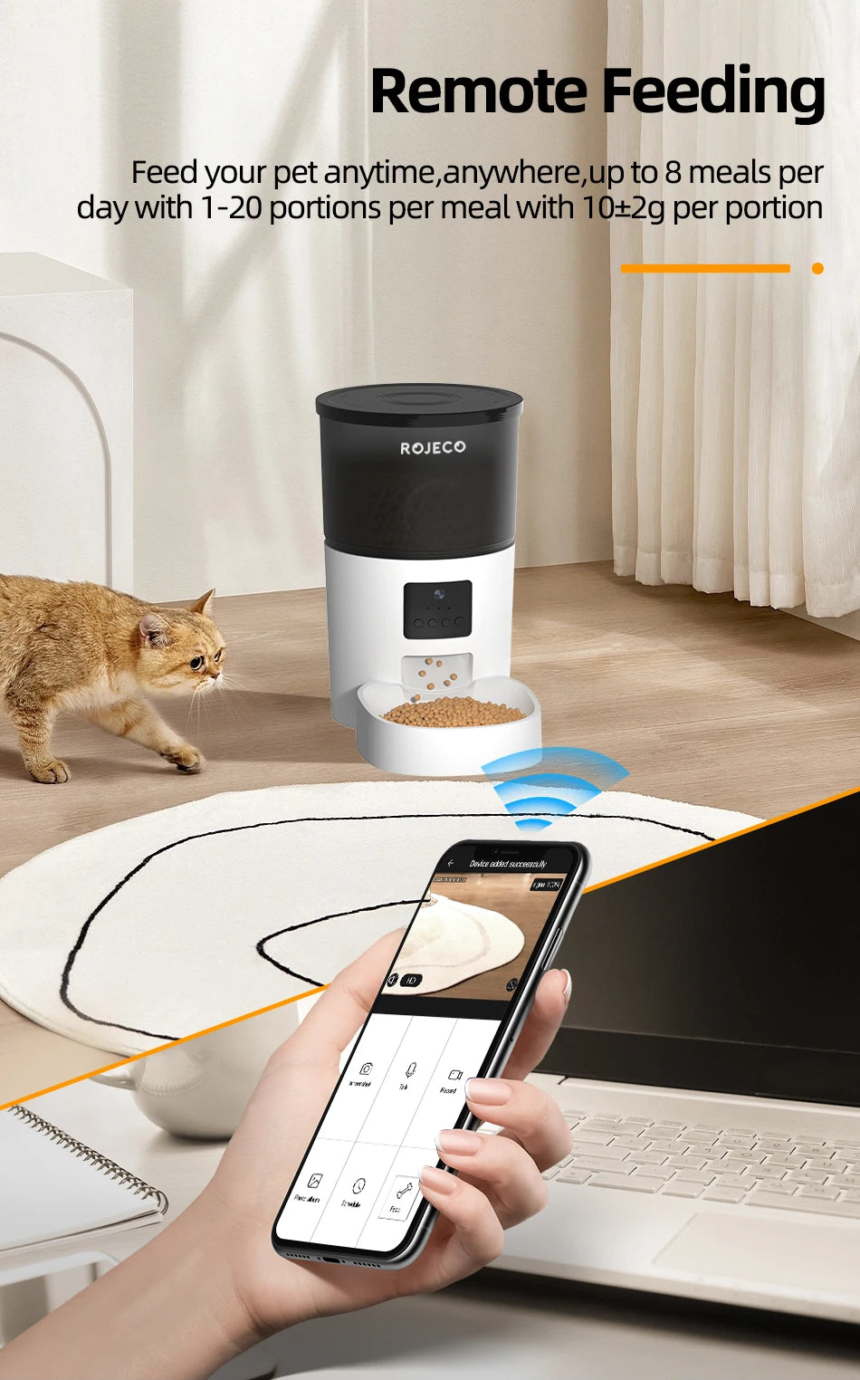 ROJECO 3L Automatic Dog Feeder With Camera Smart Pet Food Dispenser For Dogs WIFI Remote Food Feeding with Stainless Steel Bowl