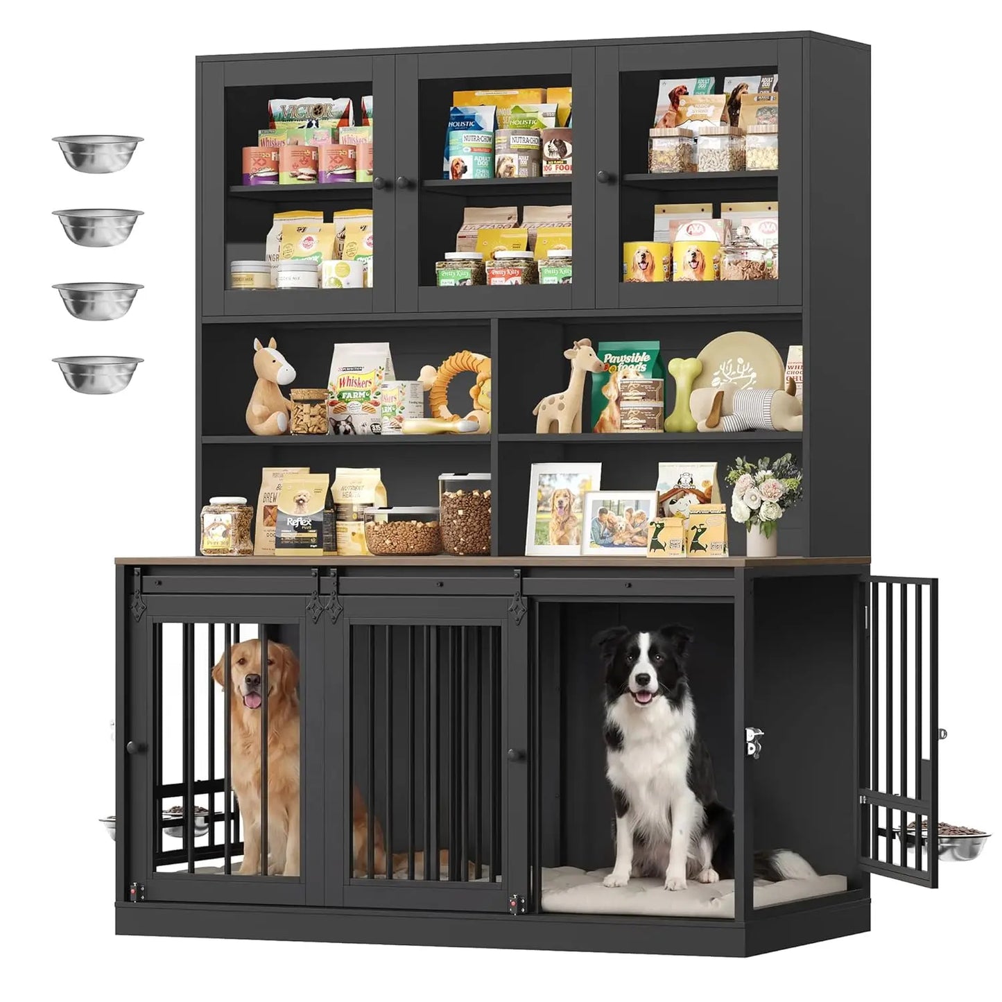 71" Tall Wooden Dog Crate Hutch with Storage Feeding Bowls Removable Divider Indoor Heavy Duty XL Pet House Grey, Custom