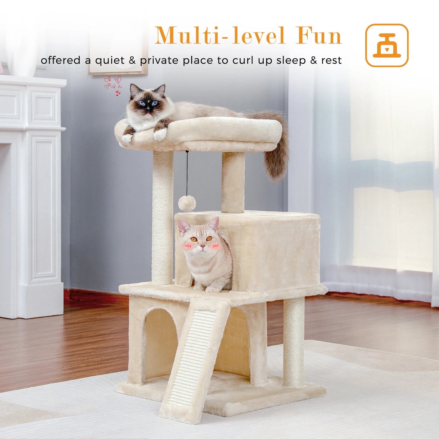 Wooden Cat Tower with Double Condos Spacious Perch Fully Wrapped Scratching Sisal Posts and Replaceable Dangling Balls