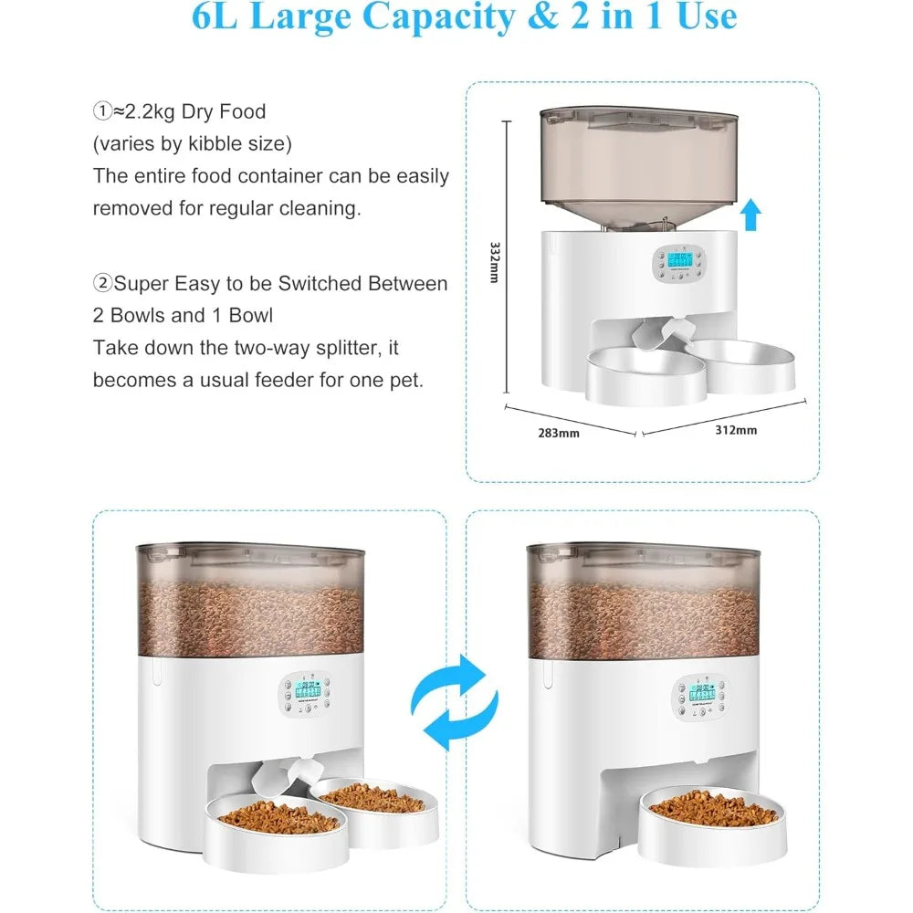 6L Automatic Cat Feeder for 2 Cats, 2.4G WiFi Enabled Smart Feed Automatic Pet Feeder for Cats & Dogs, Timed Pet Food Dispenser