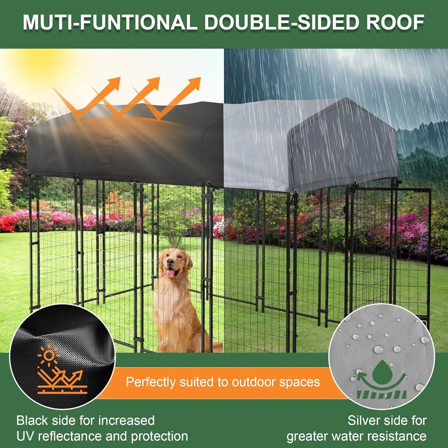 Outdoor Dog Kennel Large Heavy Duty Welded Wire Steel with Roof Rotating Bowls Secure Lock Backyard