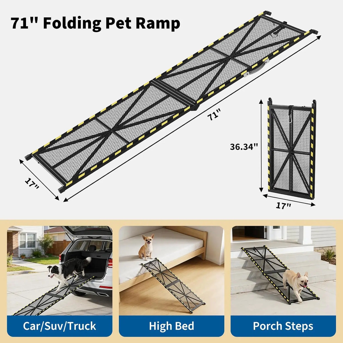 71 inch Collapsible & Portable Dog Ramp for Cars, SUVs, Trucks & RVs – Heavy Duty, Non-Slip Mesh Surface, Carry Handle, Ideal for Medium & Large Dogs, 300 lbs Capacity