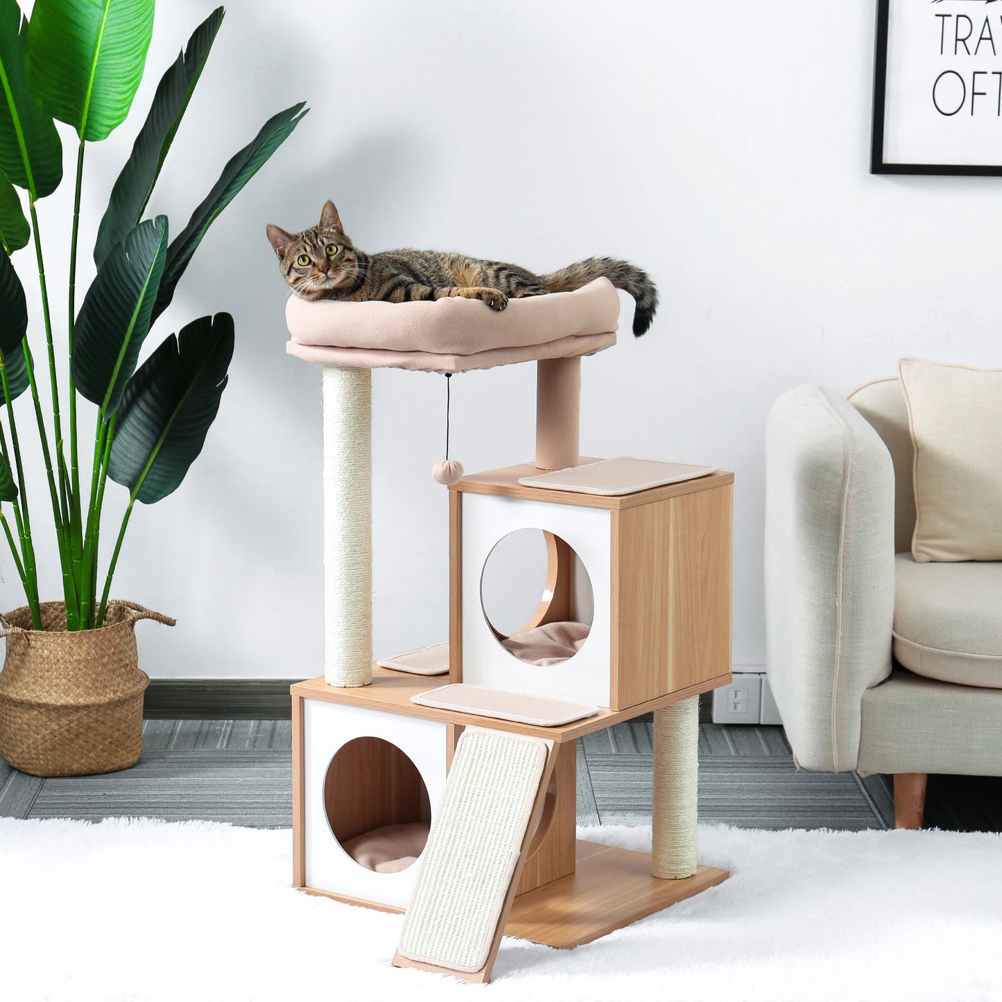 Wooden Cat Tower with Double Condos Spacious Perch Fully Wrapped Scratching Sisal Posts and Replaceable Dangling Balls