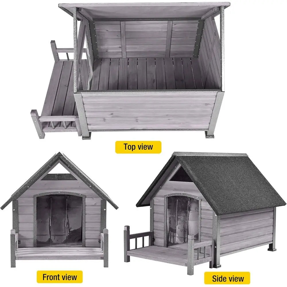 Dog House or Outdoor/Indoor, Weatherproo Outdoor Kennel or Large Dogs, Chew-Resistant Iron e & Asphalt Roo (Grey, L)