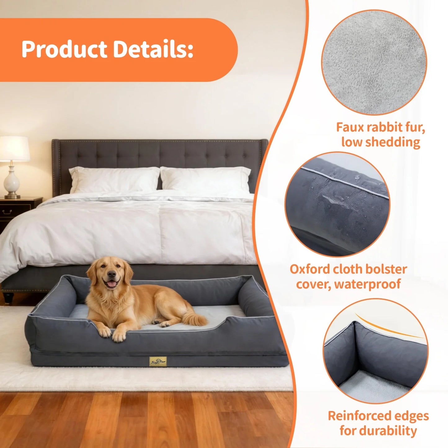 M-3XL Rectangular Dog Beds Orthopedic Dog Pet Sofa Couch Bed with Bolster Washable Pet Couch Lounger Sponge Base for Large Dogs Waterproof Lining Removable Cover