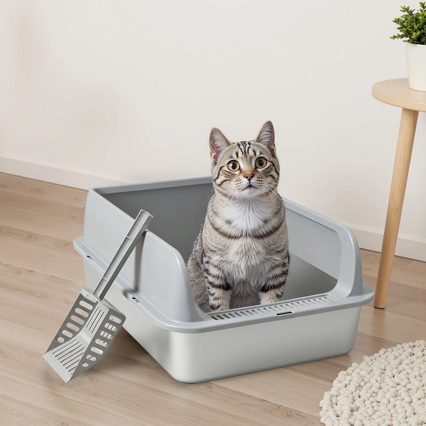 Stainless Steel for cat Litter Box, Medium And Large Litter Box For Cats With Scoop, Metal Litter Pan Tray With High Wall Sides