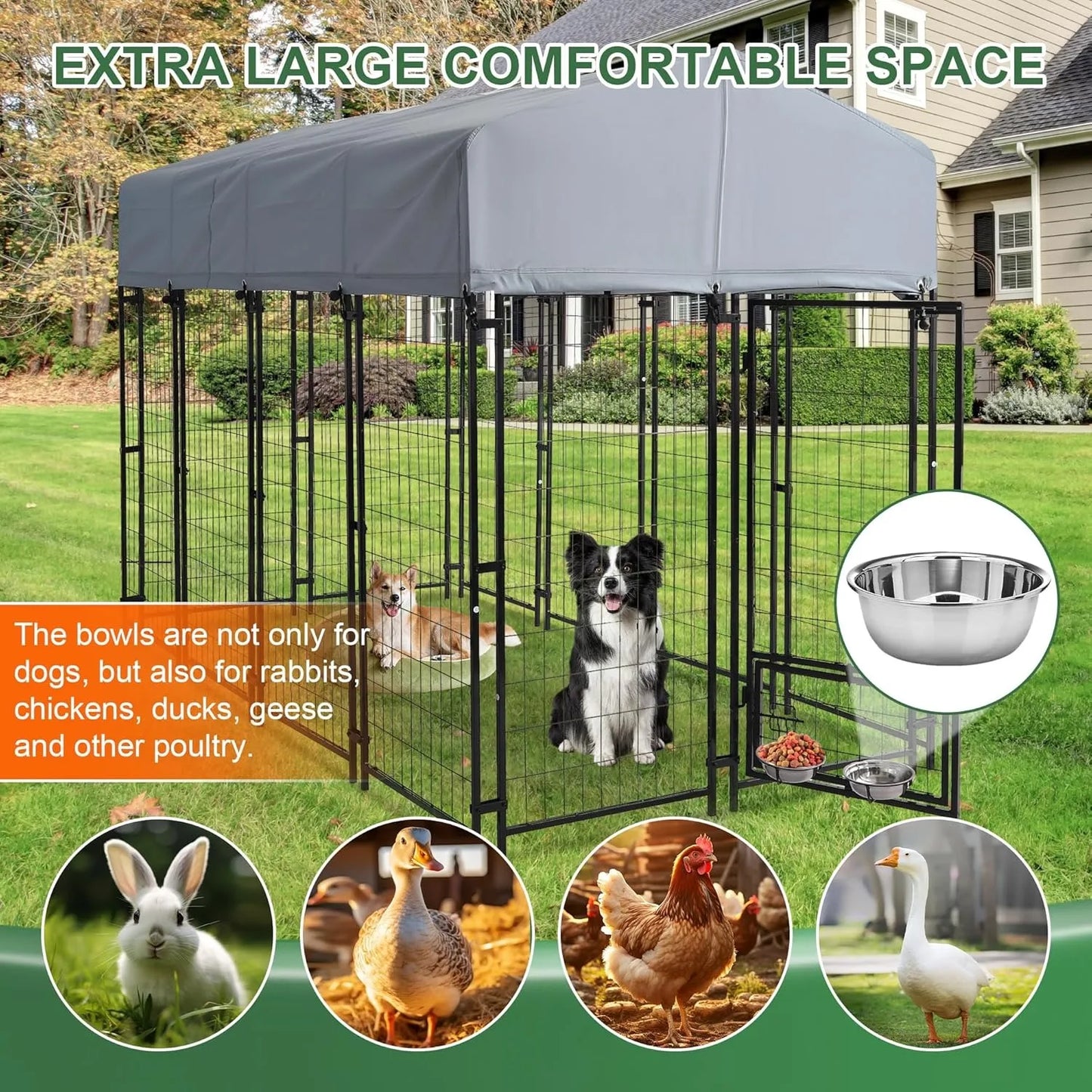 Outdoor Dog Kennel Large Heavy Duty Welded Wire Steel with Roof Rotating Bowls Secure Lock Backyard