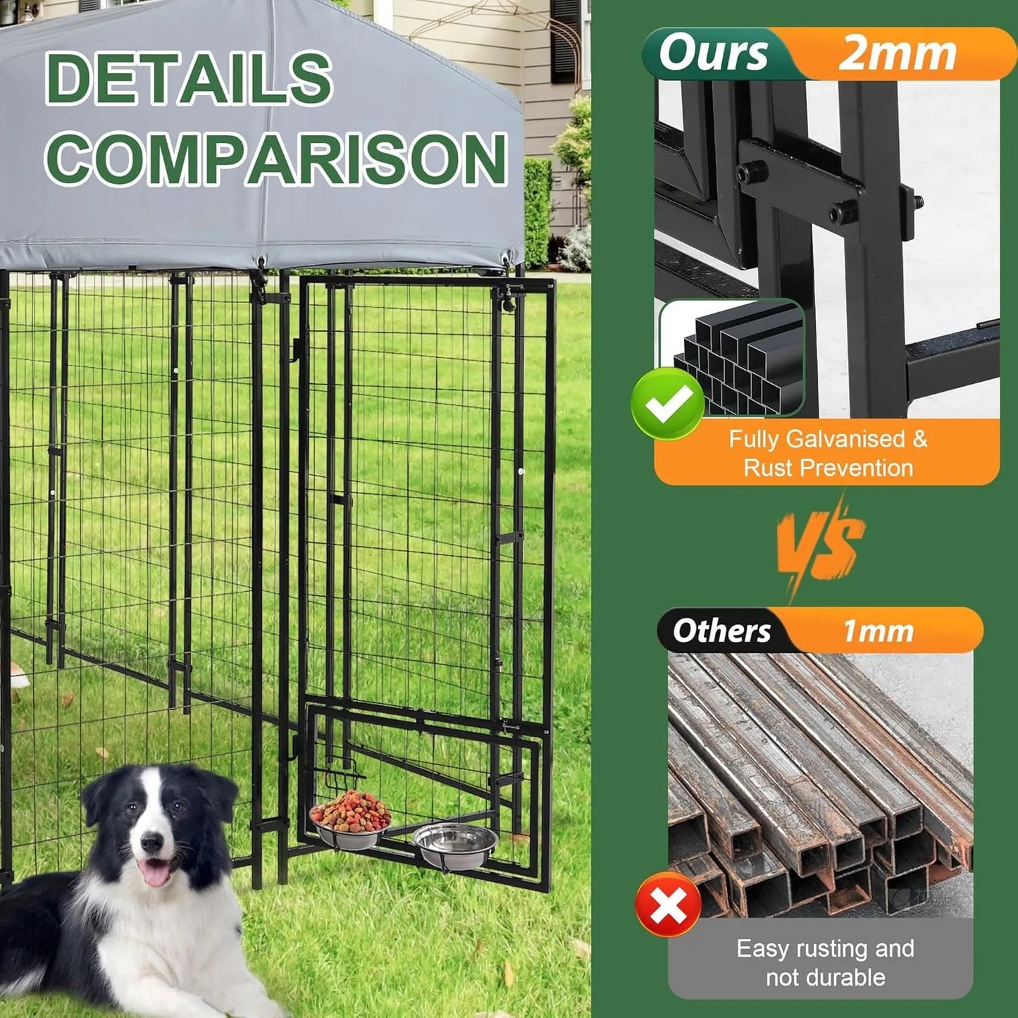 Outdoor Dog Kennel Large Heavy Duty Welded Wire Steel with Roof Rotating Bowls Secure Lock Backyard