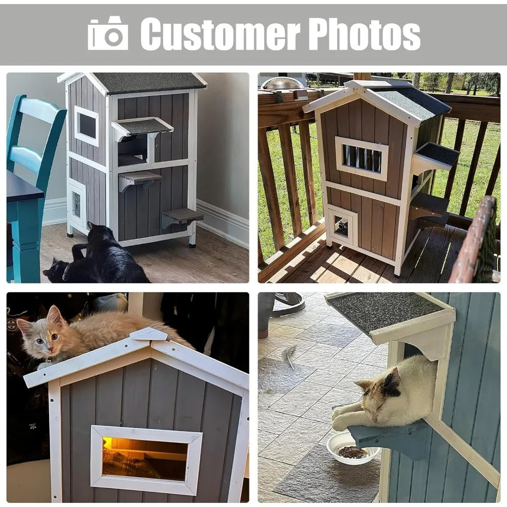 PetsCosset Outdoor Cat Shed Two-story wooden cat house with roof, grey -