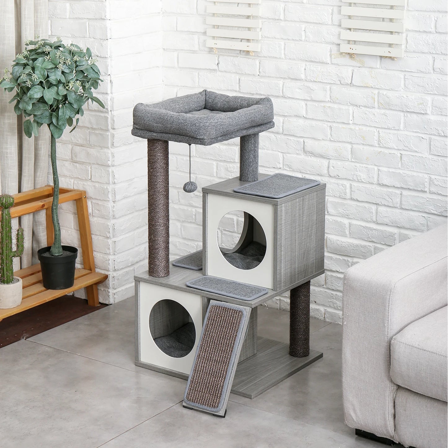 Wooden Cat Tower with Double Condos Spacious Perch Fully Wrapped Scratching Sisal Posts and Replaceable Dangling Balls