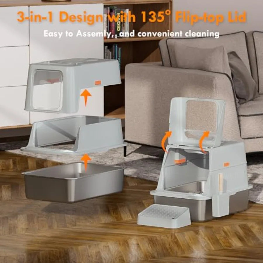 XXL Stainless Steel Cat Litter Box with Infrared Sensor for Multiple Cats Grey Large Ccity Auto-Detection Auto-Stop Safety Non-